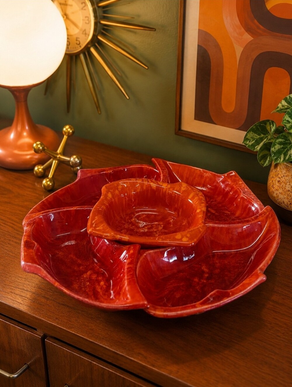Vibrant Fiery MCM Ceramic Serving PlatterVintage MCM Red Orange Ceramic Chip Dip